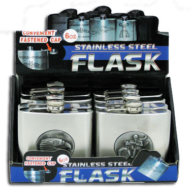 8PC ASSORTED EMBLEMS STAINLESS STEEL FLASK DISPLAY