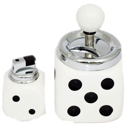 WHITE DICE PORCELAIN SPIN ASHTRAY/LIGHTER COMBO