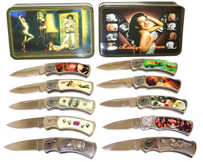 ASSORTED DESIGN POCKET KNIVES IN TIN/WOODEN BOX