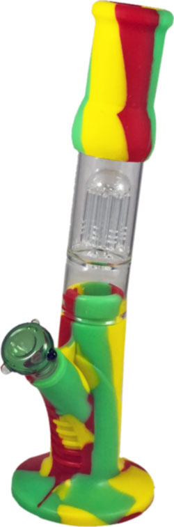 Silicon Water PIPE with Glass Inlay and Tree Perk Rasta Color