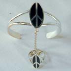 OVAL PEACE SIGN CUFF SLAVE BRACELET W RING ON CHAIN