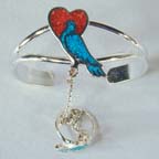 BIRD AND HEART CUFF SLAVE BRACELET W RING ON CHAIN - CLOSEOUT