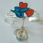 BIRD AND DOUBLE HEART CUFF SLAVE BRACELET W RING ON CHAIN