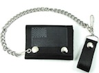 BLACK & GREY AMERICAN FLAG TRIFOLD LEATHER WALLETS W CHAIN