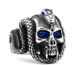 CRYSTAL BLUE EYE SKULL WITH SERPENT SNAKE METAL BIKER RING