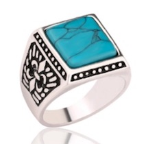 Square Turquoise engraved real stone sterling plated ring