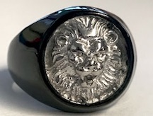 BLACK & SILVER KING LION FACE METAL BIKER RING (sold by the piece