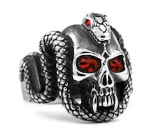 CRYSTAL RED EYE SKULL WITH SERPENT SNAKE METAL BIKER RING