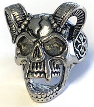 DECORATED SKULL WITH RAM HORNS METAL BIKER RING