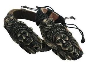 CARVED NATIVE MAN WITH WOLF LEATHER BRACELET (Sold by the DOZEN)