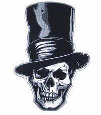 JUMBO 10 INCH STOVE TOP HAT SKULL HEAD EMBROIDERED PATCH
