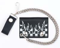 CHECKERED FLAMES LEATHER TRIFOLD WALLEET W CHAIN