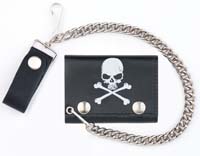 SKULL AND X BONES LEATHER TRIFOLD WALLEET W CHAIN