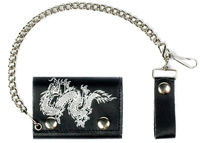 CHINESE DRAGON  LEATHER TRIFOLD WALLEET W CHAIN