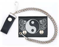 YIN YANG COBRA SNAKES LEATHER TRIFOLD WALLEET W CHAIN