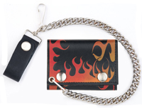 FIRE FLAMES LEATHER TRIFOLD WALLEET W CHAIN
