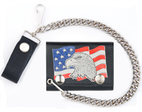USA FLAG WITH EAGLE LEATHER TRIFOLD WALLEET W CHAIN