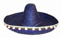 BLUE MEXICAN SOMBRERO STRAW HAT WITH TASSLES *- CLOSEOUT $ 5 EA