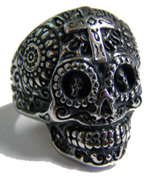 SUGAR SKULL HEAD W CROSS STAINLESS STEEL BIKER RING