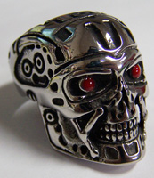 ROBOT HEAD WITH RED EYES  STAINLESS STEEL BIKER RING