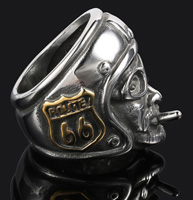 ROUTE 66 BIKERS HEAD WITH HELMET STAINLESS STEEL BIKER RING