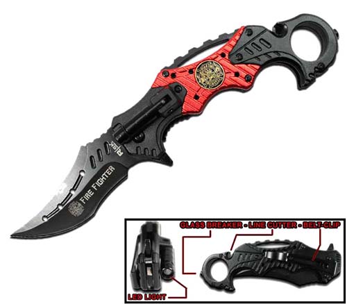 MULTI-FUNCTION FIRE FIGHTER FOLDING KNIFE WITH RING