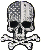 JUMBO SCULL X BONE USA FLAG B & W 10 IN EMBROIDERED PATCH