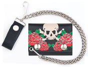 SKULL & ROSES LEATHER TRIFOLD WALLET W CHAIN