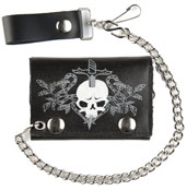 SKULL & DAGGER LEATHER TRIFOLD WALLET W CHAIN