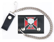 RED IRON CROSS SKULL LEATHER TRIFOLD WALLET W CHAIN