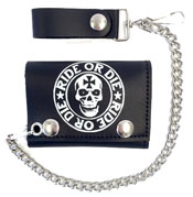 RIDE OR DIE SKULL LEATHER TRIFOLD WALLET W CHAIN