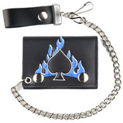 SPADES WITH BLUE FLAMES LEATHER TRIFOLD WALLET