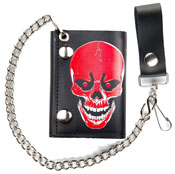 LARGE RED SKULL HEAD LEATHER TRIFOLD WALLET W CHAIN