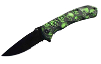 MULTIPLE GREEN SKULL 8 INCH KNIVE W BLACK BLADE