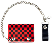 RED & BLACK CHECKERED LEATHER TRIFOLD WALLET W CHAIN