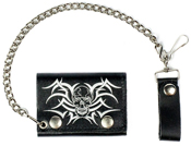 TRIBAL SKULL HEAD LEATHER TRIFOLD WALLET W CHAIN