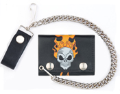 SKULL HEAD WITH FLAMES LEATHER TRIFOLD WALLET W CHAIN