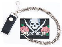 ROSES SKULL CROSSED SWORDS TRIFOLD LEATHER WALLET W CHIAN
