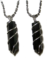 BLACK OBSIDIAN COIL WRAPPED STONE STAINLESS BALL CHAIN NECKLACE