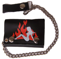 TRUCKER GIRL RED FLAMES TRIFOLD LEATHER WALLET W CHIAN