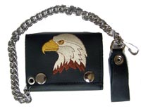 EMBROIDERED EAGLE HEAD LEATHER TRIFOLD WALLET WITH CHAIN