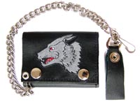 EMBROIDERED LONE WOLF HEAD LEATHER TRIFOLD WALLET WITH CHAIN