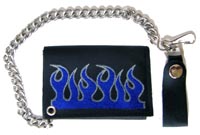 EMBROIDERED BLUE FLAMES LEATHER TRIFOLD WALLET WITH CHAIN