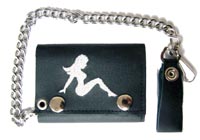 EMBROIDERED MUD FLAP GIRL LEATHER TRIFOLD WALLET WITH CHAIN