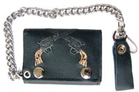 EMBROIDERED TWIN CROSSED PISTOL LEATHER TRIFOLD WALLET WITH CHAIN