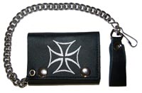 EMBROIDERED IRON CROSS LEATHER TRIFOLD WALLET WITH CHAIN