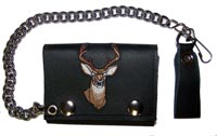 EMBROIDERED BIG BUCK DEER LEATHER TRIFOLD WALLET WITH CHAIN