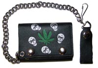 SKULL HEADS MARIJUANA TRIFOLD LEATHER WALLET W CHIAN