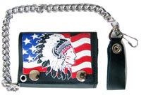 AMERICAN FLAG INDIAN CHIEF TRIFOLD LEATHER WALLET W CHIAN