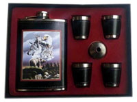 WILD ANIMALS FLASK SET W FOUR SHOT GLASSES & FUNNEL